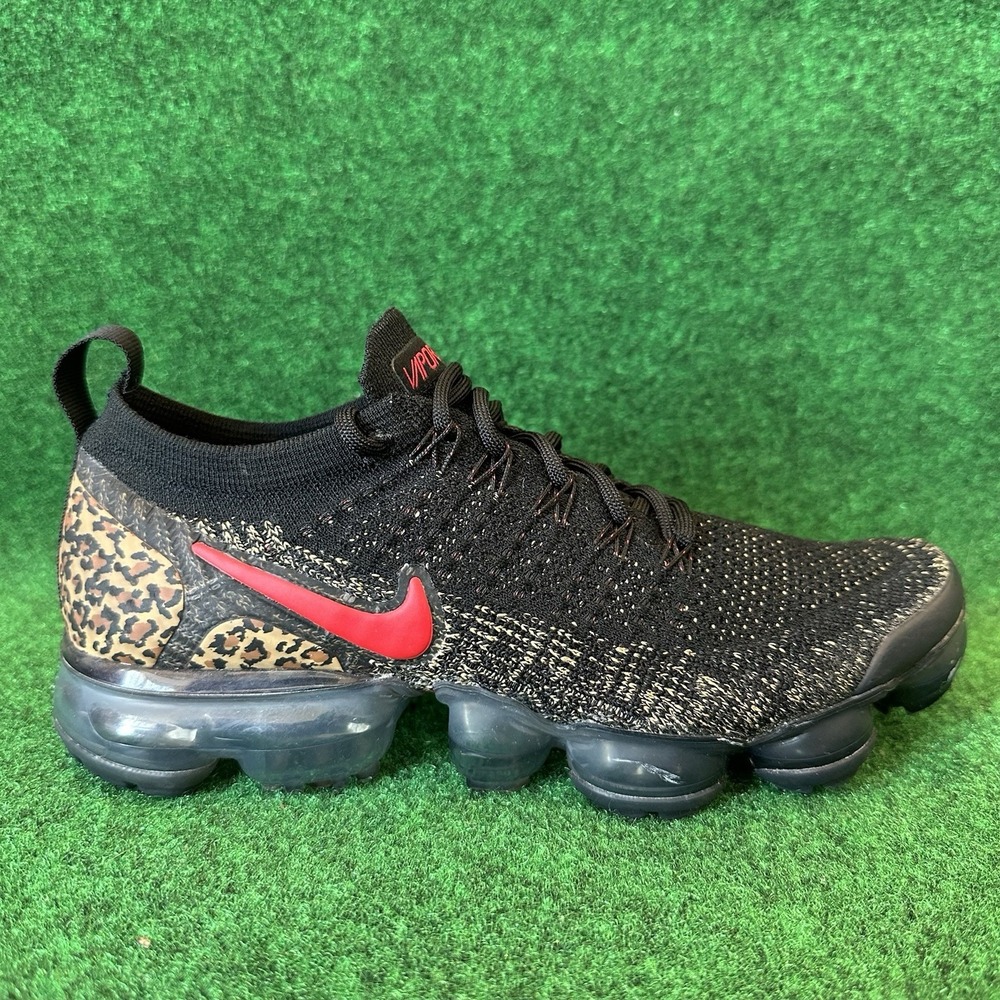 Nike Air VaporMax Flyknit Black Red Leopard Athletic Shoes